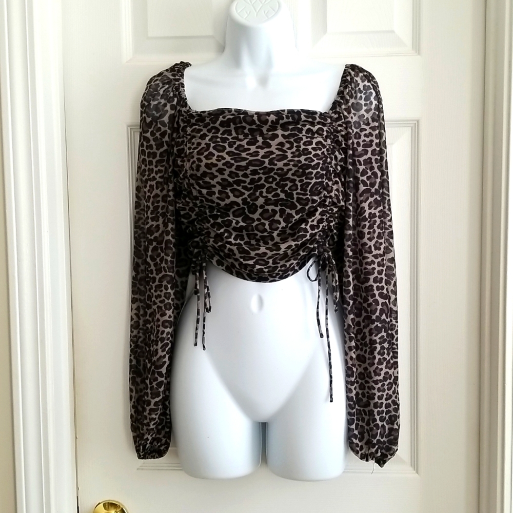 Leopard Print Cinch Mesh Top